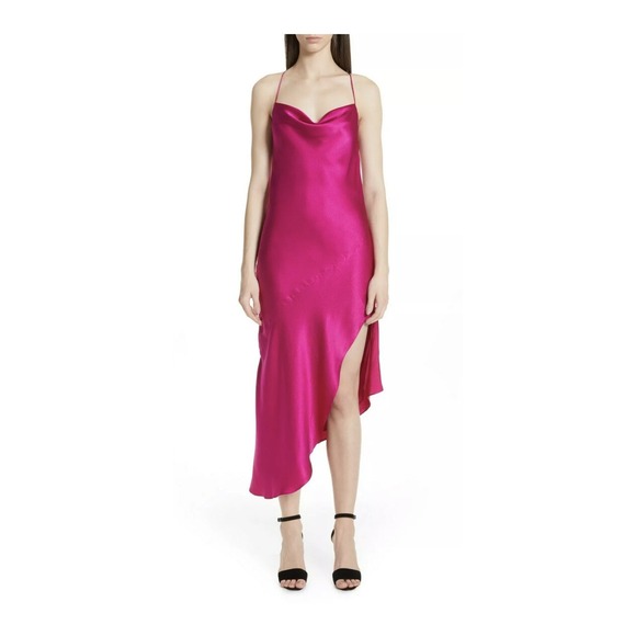 HANEY Fuchsia Pink Holly Hammer Charmeuse Silk Asymmetrical Crisscross back sz4 - Picture 1 of 11